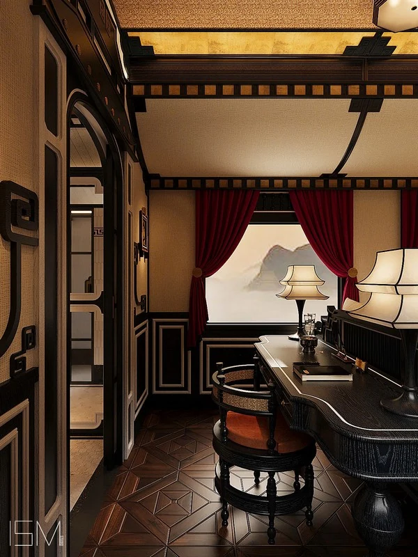 Imperial Suite SJourney — bureau salon panoramique avec vue sur les montagnes du Vietnam, décor Indochine