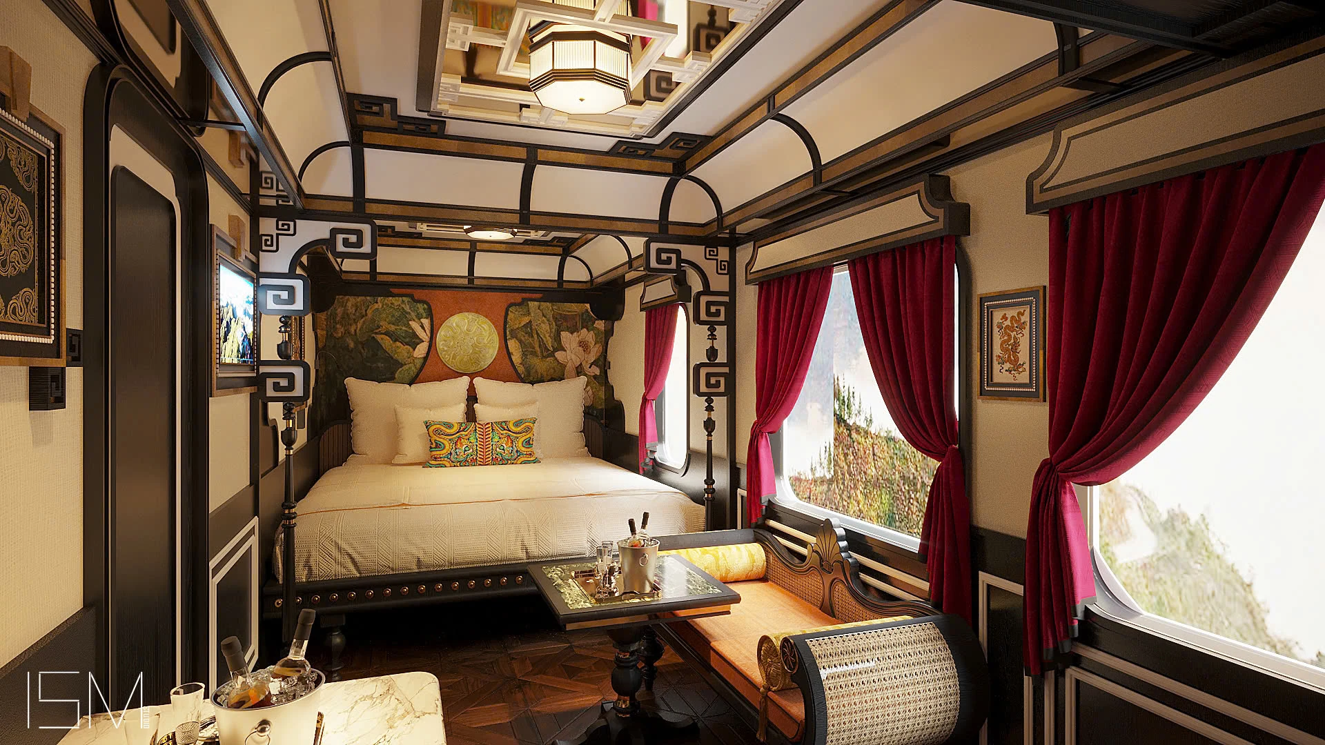 Suite SJourney Vietnam — chambre lit double, rideaux bordeaux et peinture fleurs de lotus