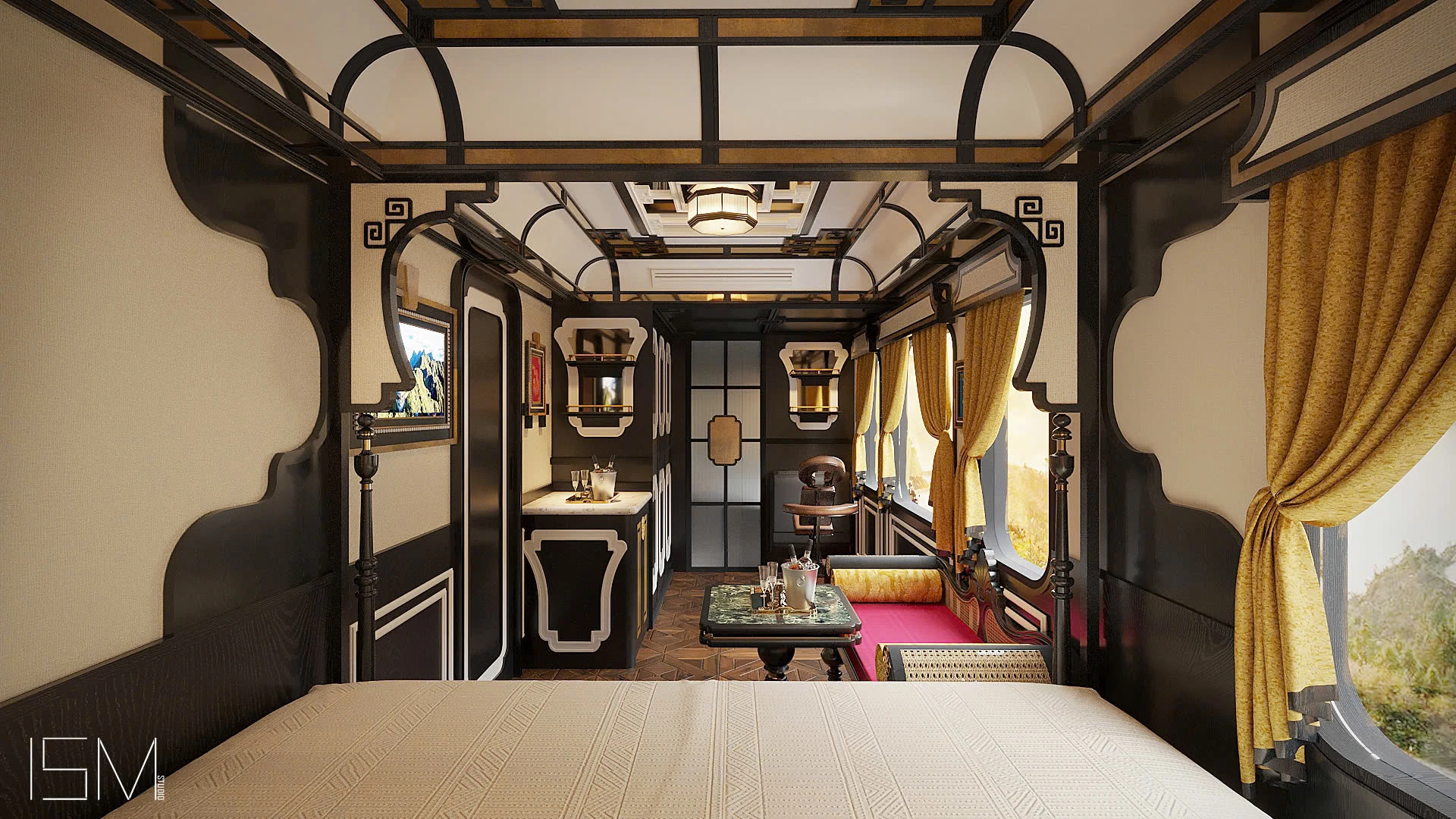 Suite SJourney — vue depuis le lit vers le salon et les fenêtres panoramiques