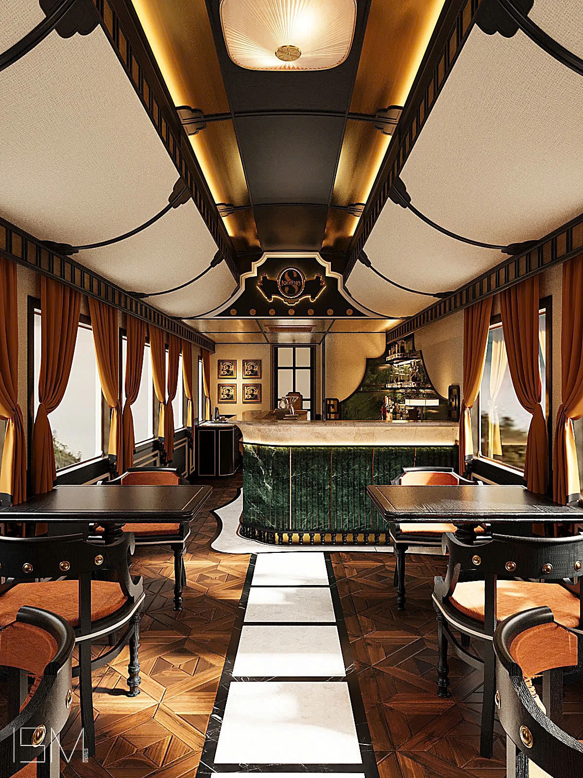 Wagon-restaurant Premium SJourney — bar central vu depuis l'entrée, logo SJourney illuminé