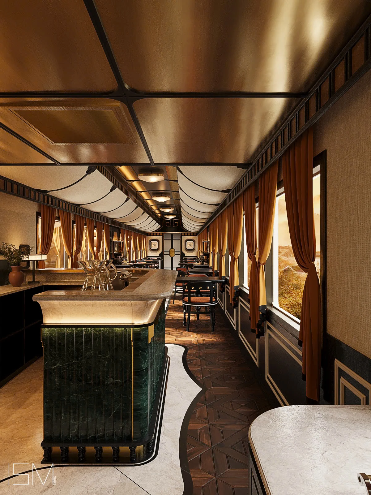 Wagon-restaurant Premium SJourney Vietnam — bar en marbre vert, vue longueur du wagon avec tables et rideaux ocre